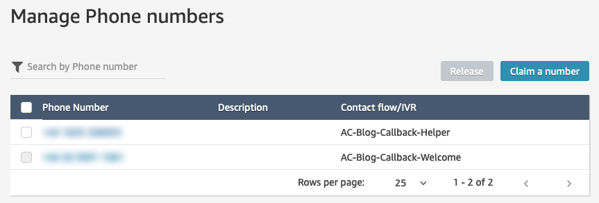 Phone number management screenshot