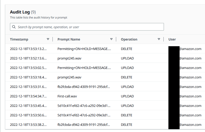 S3 prompt management tool screenshot showing audit logs i.e. the actions performed.