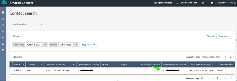 Amazon Connect contact search screen
