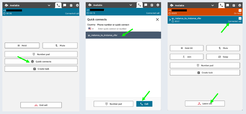 CCP screen shot showing quick connect option available in Amazon Connect.