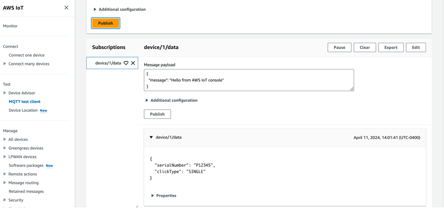 Figure 13 AWS IoT Core MQTT test client SINGLE click - Subscriptions