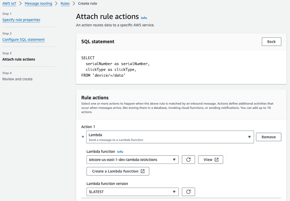 Figure 10 AWS IoT Core Rules actions