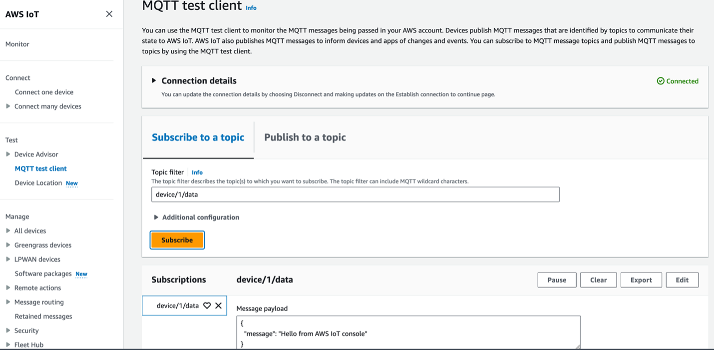 Figure 11 AWS IoT Core MQTT test client – Subscribe to a topic