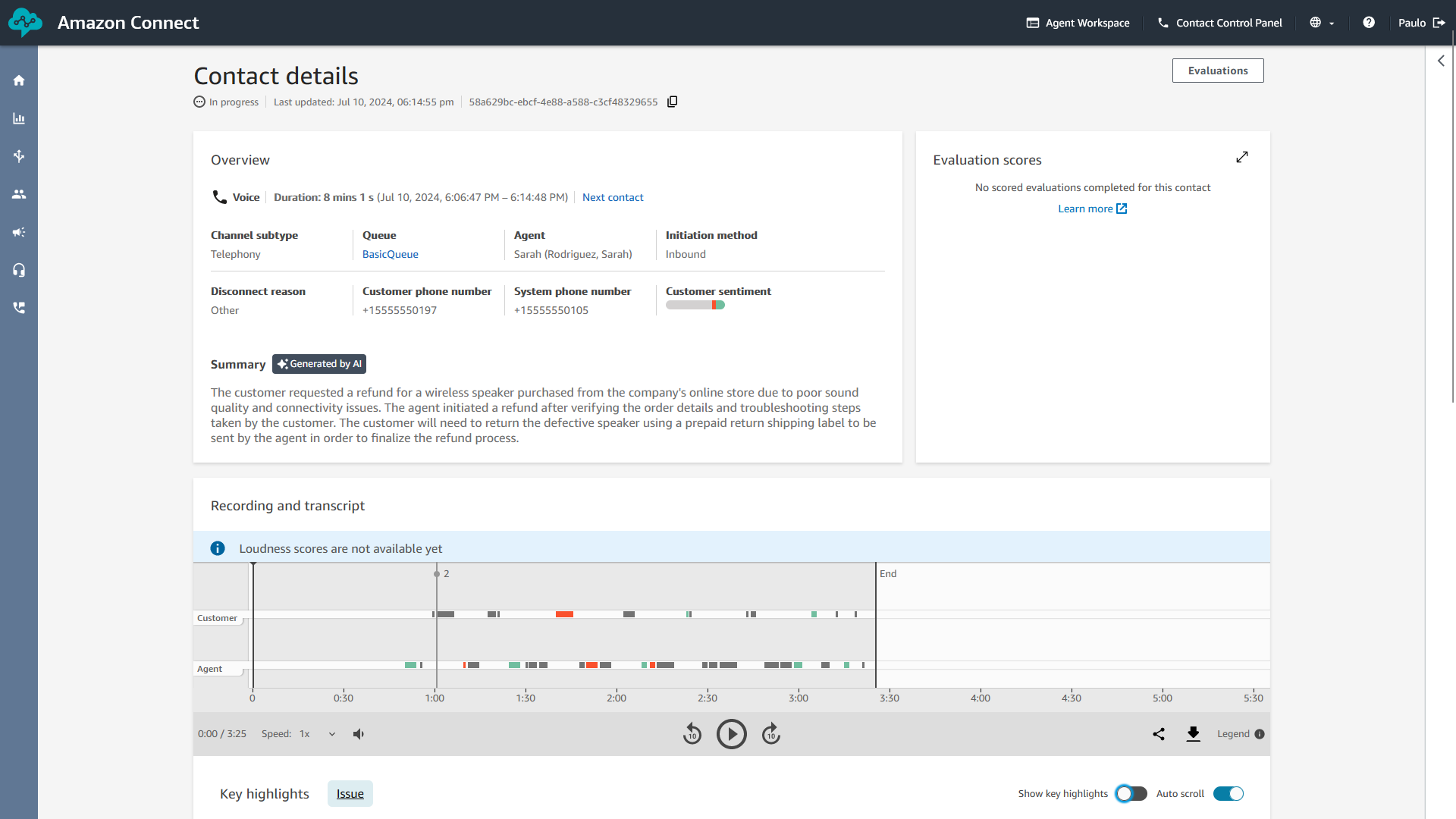 The Amazon Connect contact details screen is shown for a contact. On the screen, a post contact summary is provided for a contact in progress.