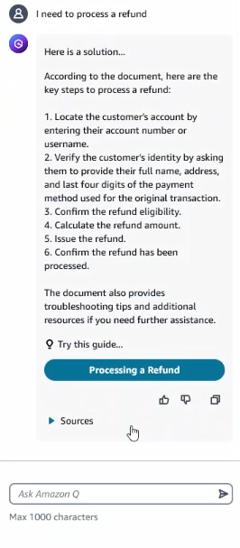 Amazon Q in Connect shows a manual search for a refund and returns a solution and an associated step-by-step guide