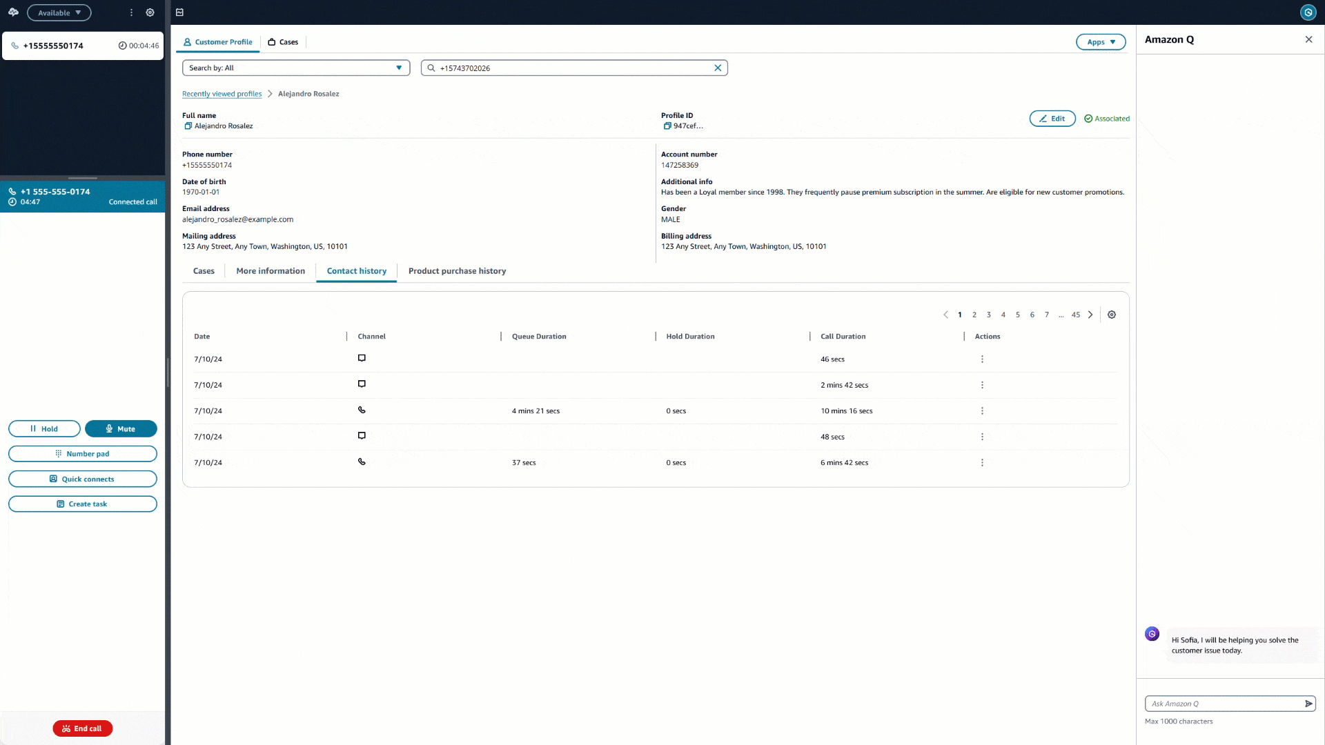 An animation that shows Amazon Q in Connect providing a suggestion with an associated guide, and the guides being selected and opened in the agent workspace to process the payment update