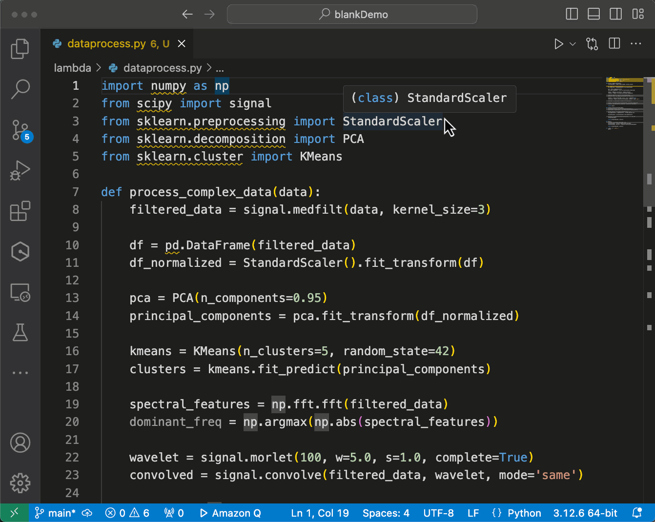 Animated gif showing a python function in VSCode. Inline chat is used to ask Q to add comments. This is displayed as a diff and then merged. 