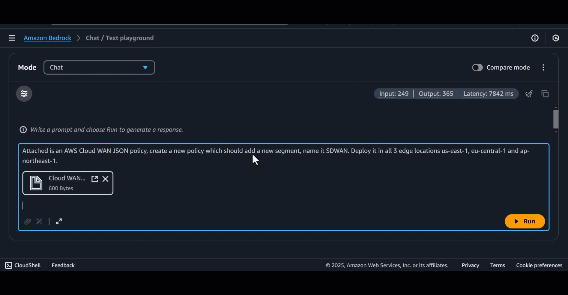 Figure 9: Use Amazon Bedrock to generate the new AWS Cloud WAN policy