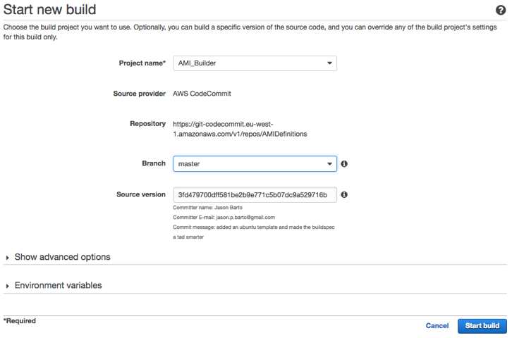 CodeBuild project start