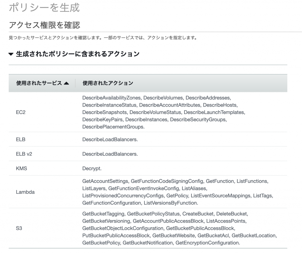 図 5 : 生成されたポリシーのサービスとアクション