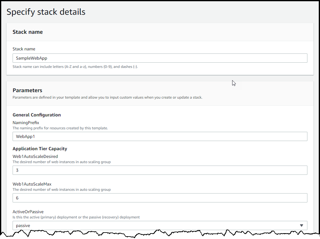 図 4.パラメータを使用して CloudFormation スタックの ActiveOrPassive を “passive“ に設定する