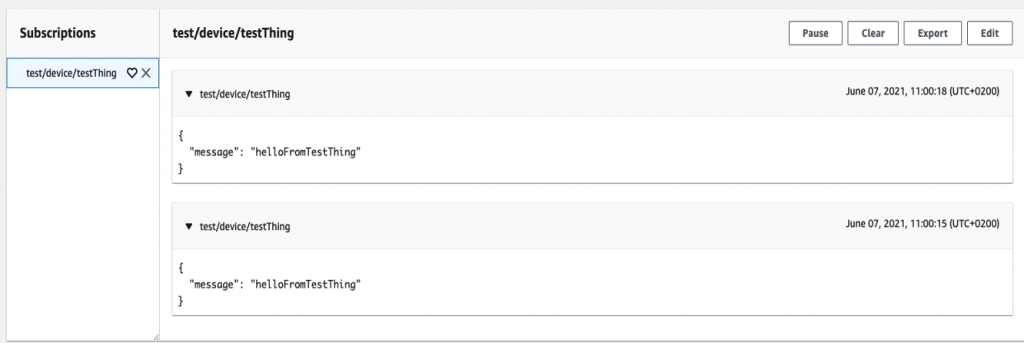 AWS IoT Core コンソールの MQTT テストクライアントで受信したテストメッセージ