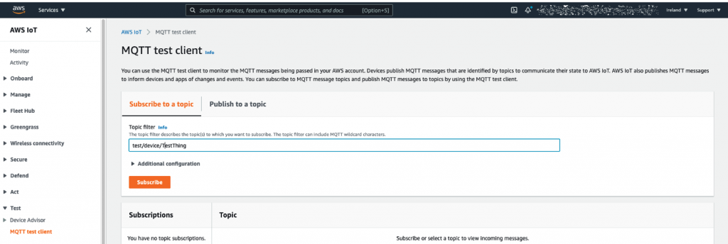 AWS IoT Core コンソールの MQTT テストクライアント