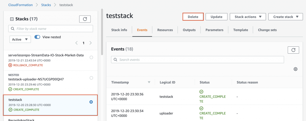 図 12: AWS CloudFormation コンソールで選択されたテストスタック