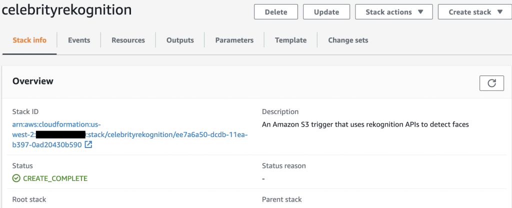 図 5: AWS CloudFormation コンソールでの celebityrekognition スタックの詳細