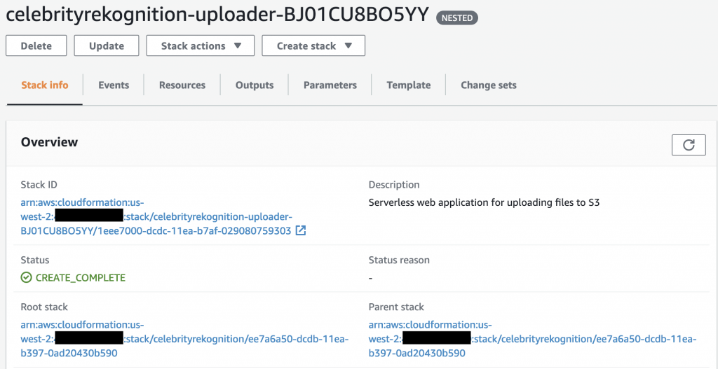 図 6: AWS CloudFormation コンソールでの celebityrekogniton-uploader アプリケーションの詳細