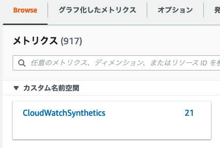 [Browse]タブで、CloudWatchSyntheticsがアラームとして選択されています。