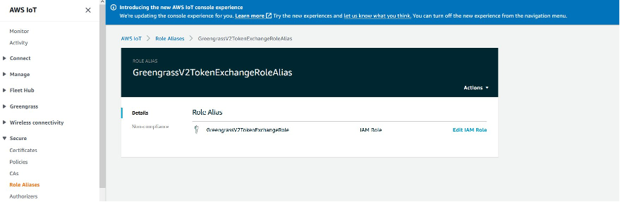 AWS IoT Greengrass screen showing edit IAM role option