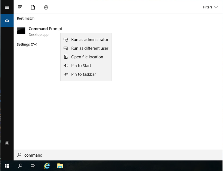 Windows command prompt option showing run as administrator option