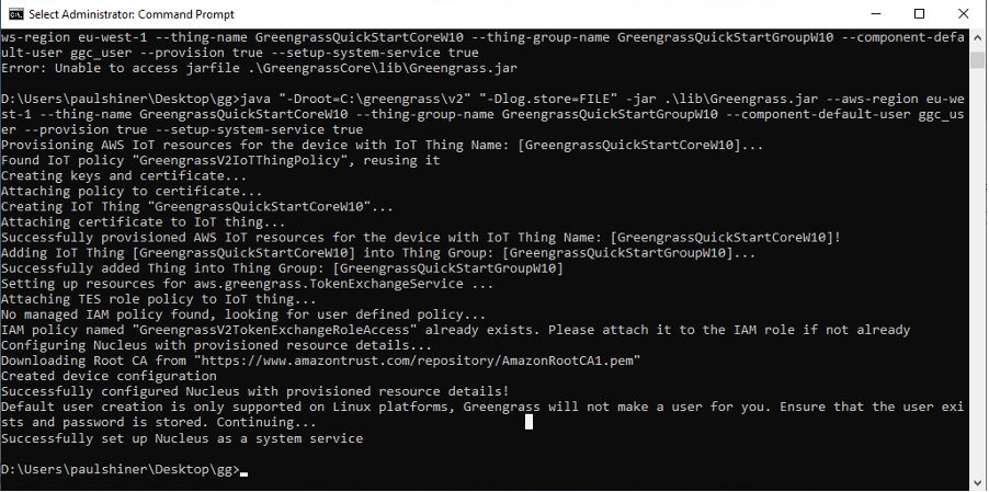 Command prompt window showing the output of the execution of the install command