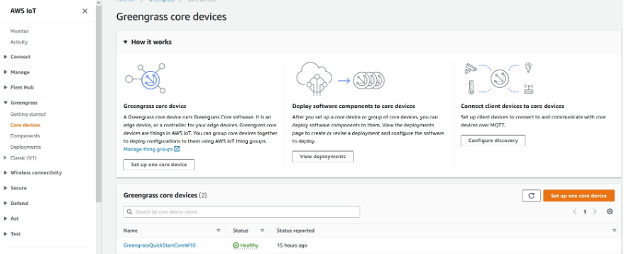 AWS IoT Greengrass console screen showing the core devices option