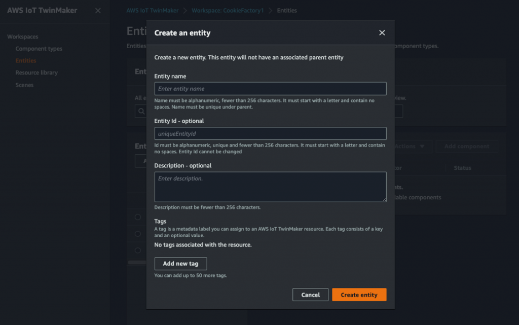 AWS IoT TwinMaker でエンティティを作成するためのユーザーインターフェイス