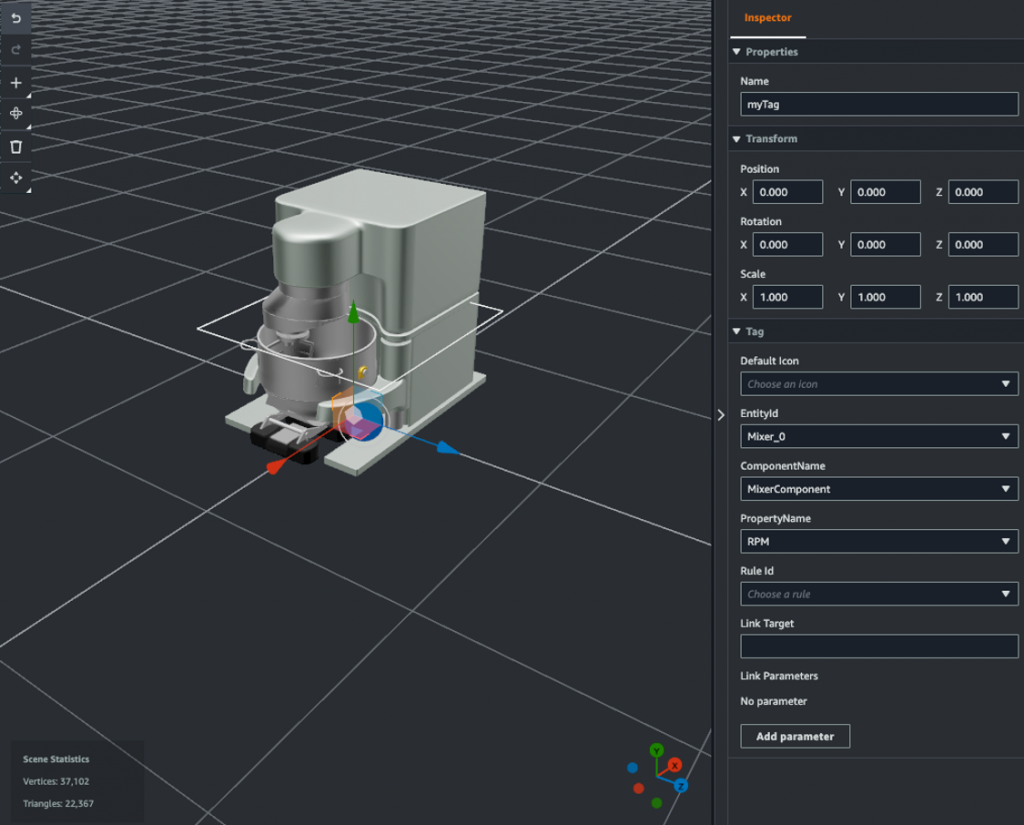 追加されたタグを表示する AWS IoT TwinMaker のシーンコンポーザーユーザーインターフェイス