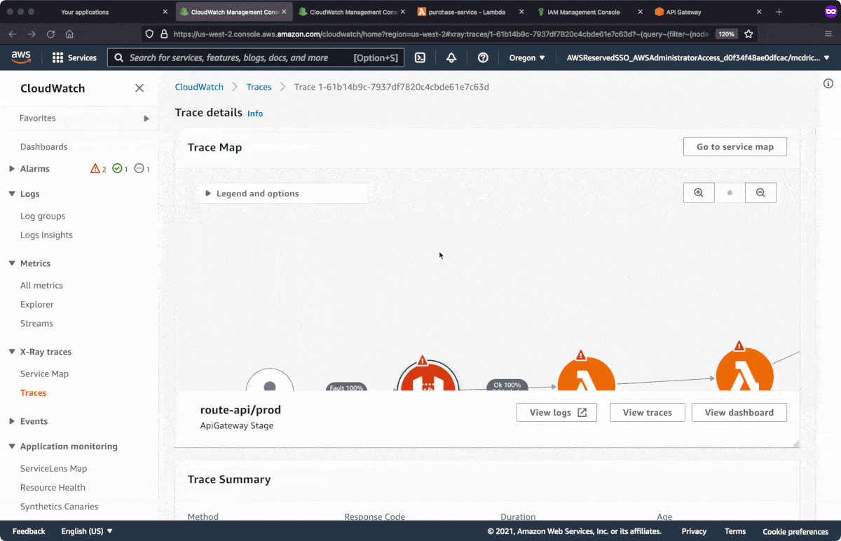 Examining a trace through these resources reveals the same application error of 502, and also correlates the logs from the application on the Lambda function