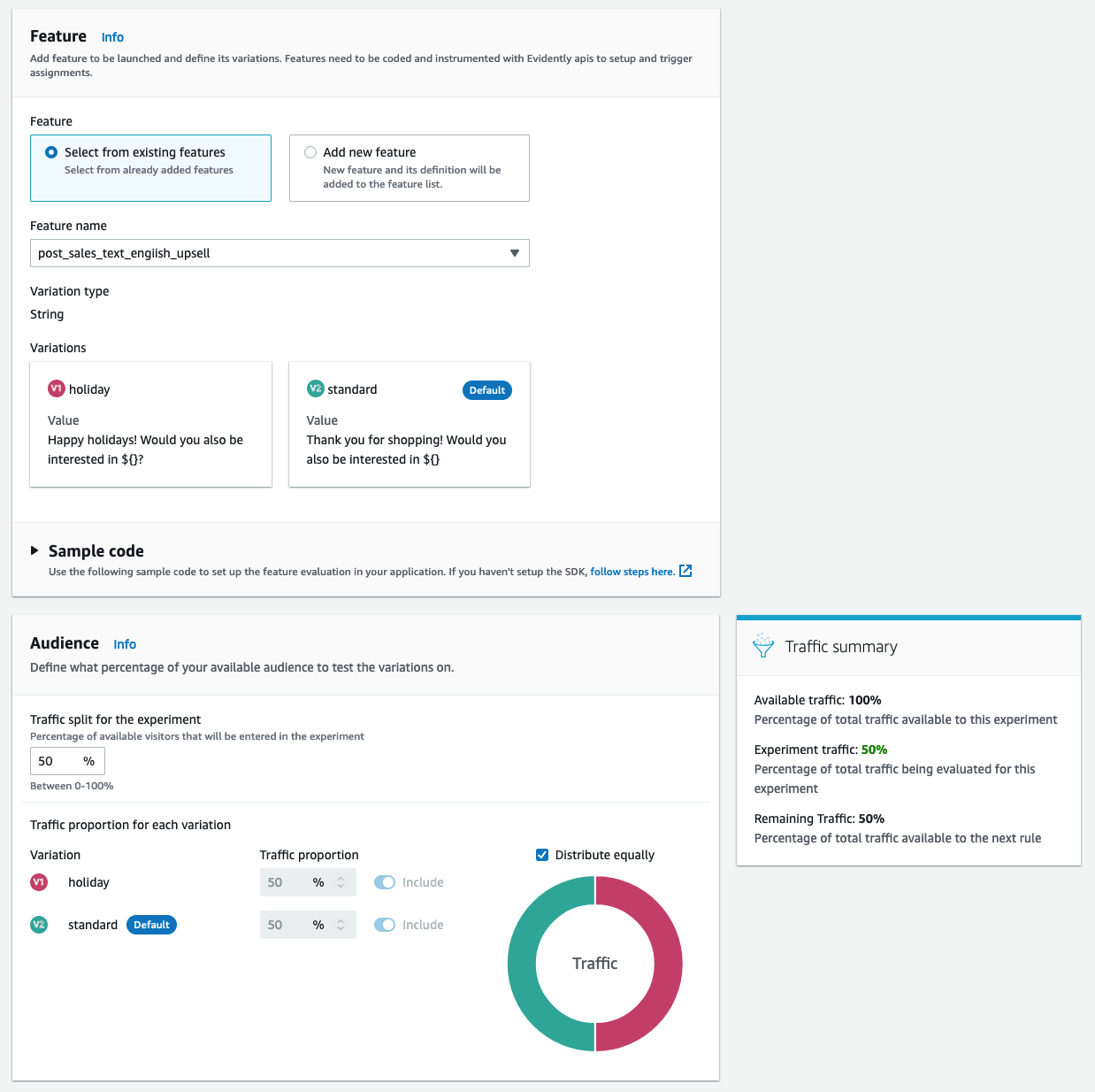 In this view, we see that both the “standard” and “holiday” variations of a feature on the application are being displayed to different users