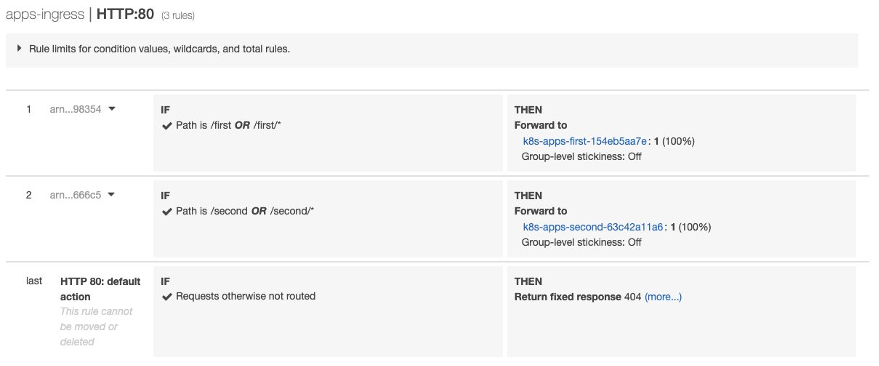 リスナールールでのターゲットグループの設定を示す AWS マネジメントコンソールのスクリーンショット