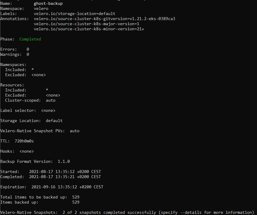 バックアップの詳細情報
