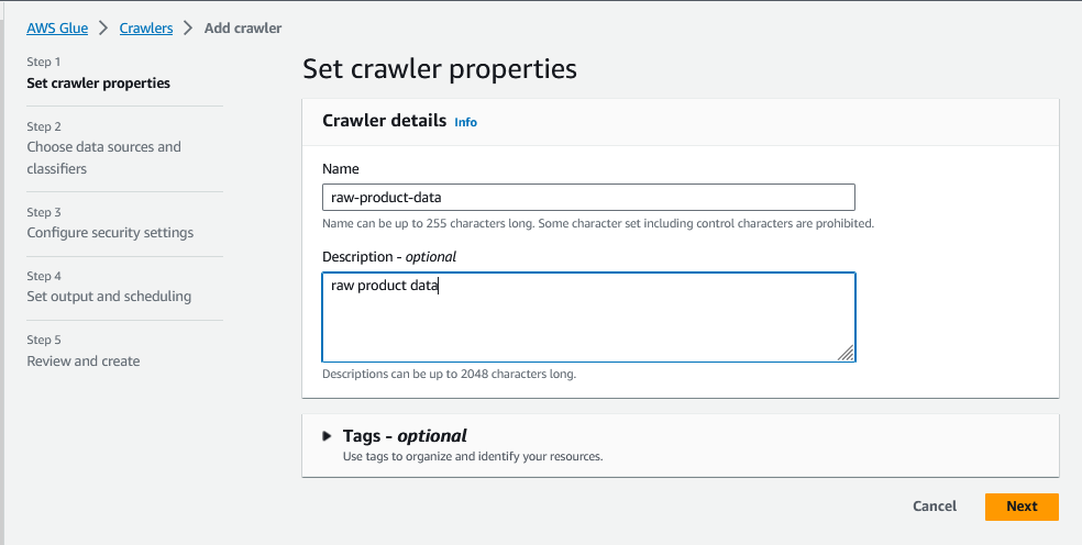 Set Crawler Properties Screen