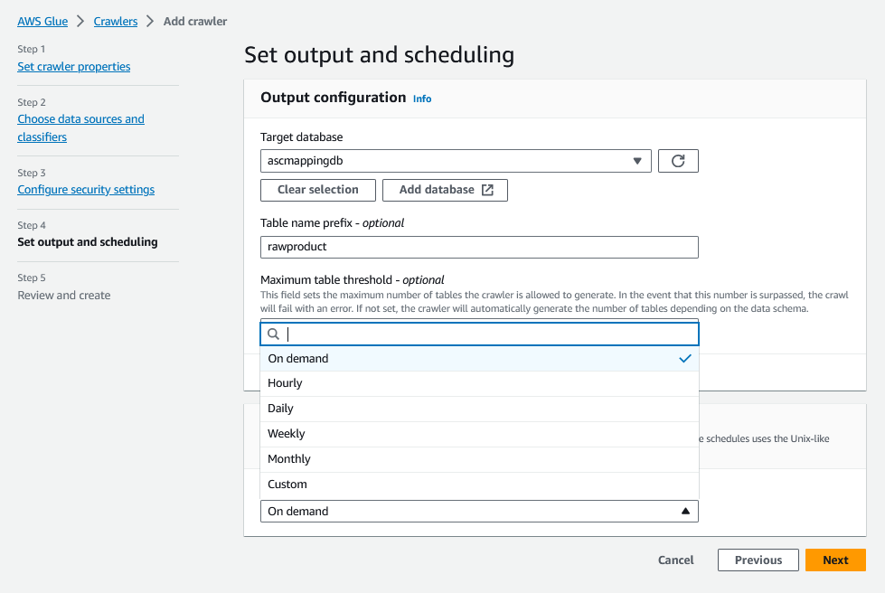 set output and scheduling screen