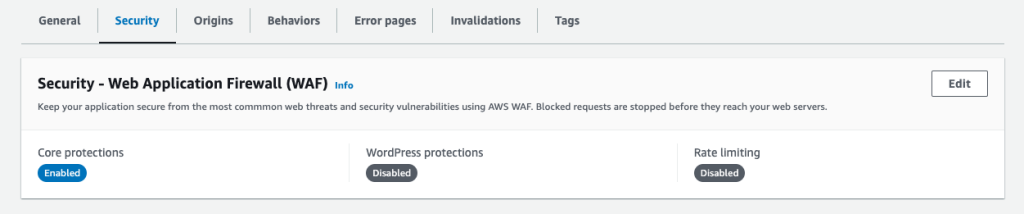 CloudFront コンソールのセキュリティタブにあるWAFセクションのスクリーンショット