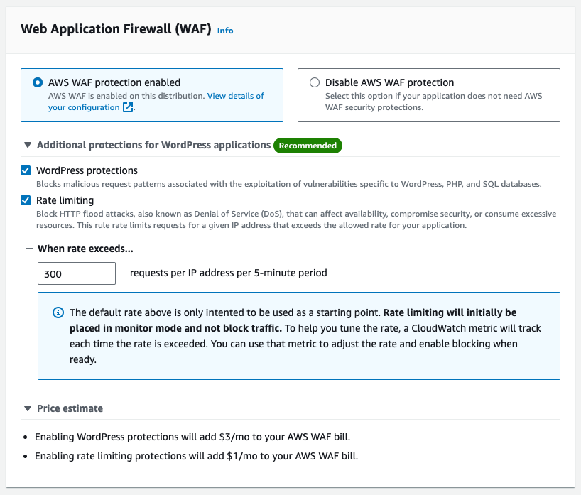 CloudFront コンソールの WAF 設定のスクリーンショット