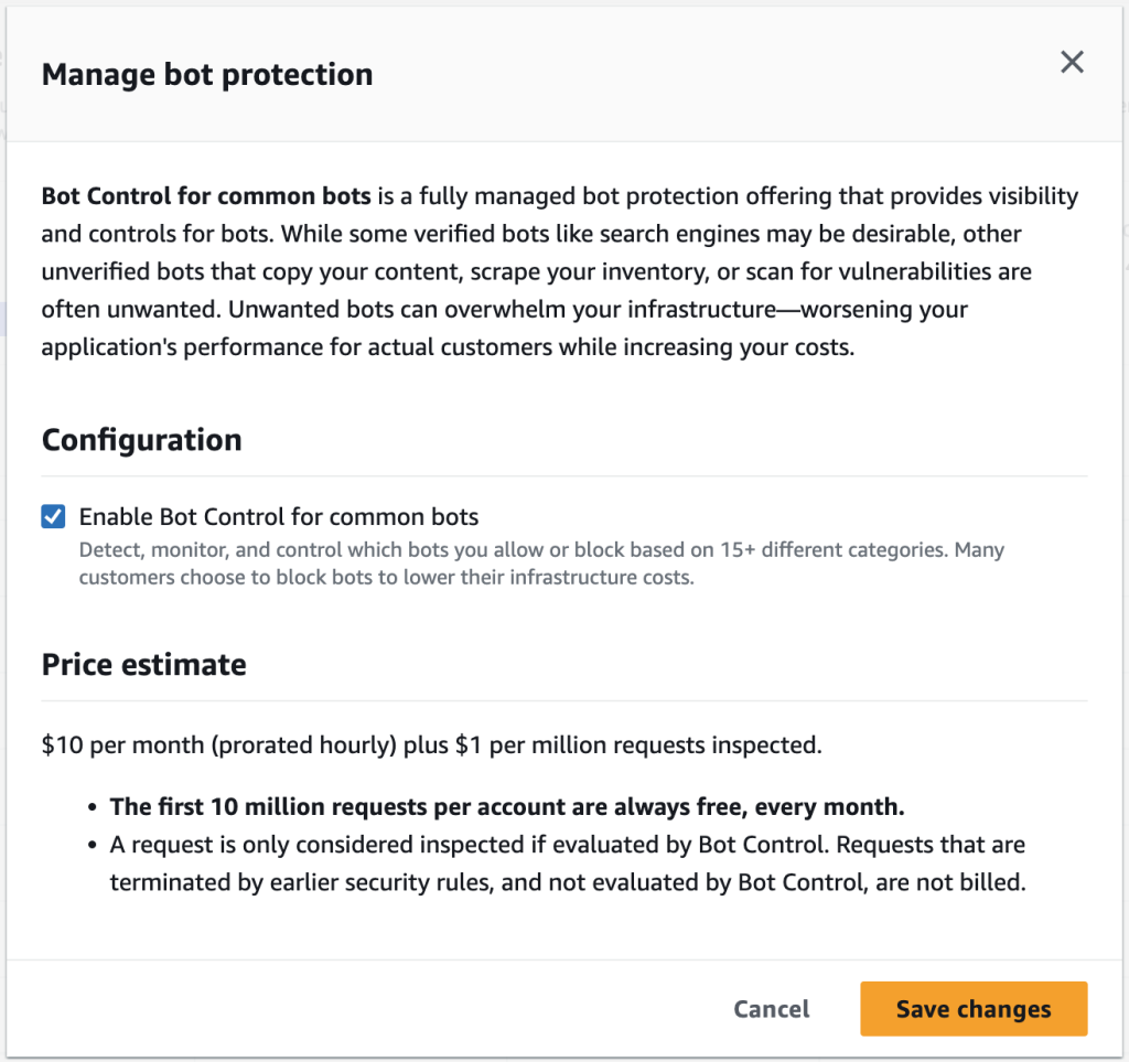 有効化した時のcommon botsの機能と価格を説明しているポップアップウィンドウのスクリーンショット