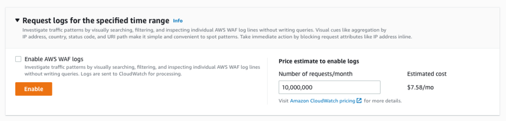 概算コスト付きのリクエストログ設定のスクリーンショット