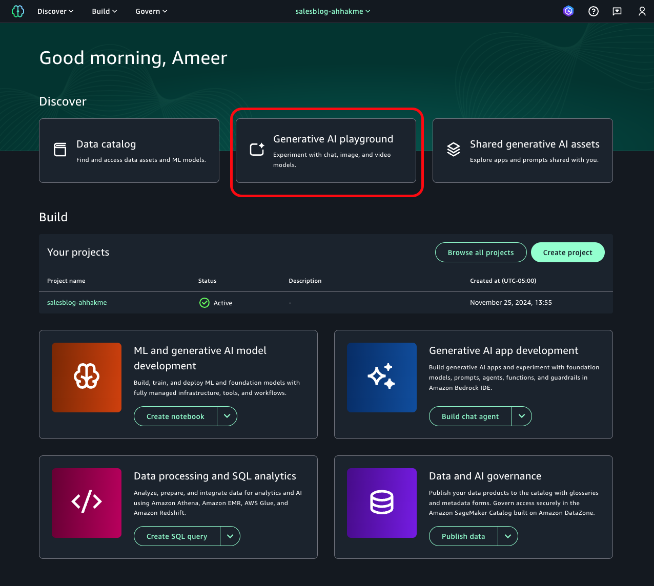 Amazon SageMaker Unified Studio simple landing page