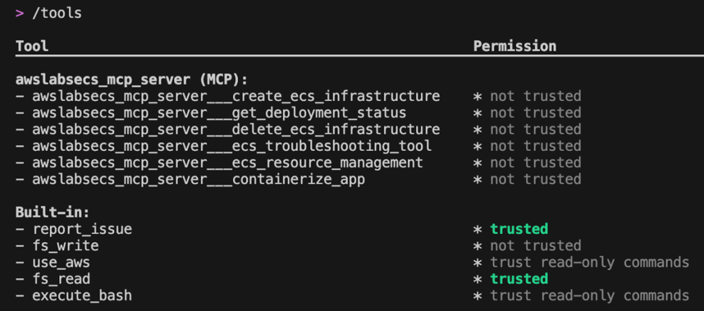 Amazon Q Developer CLI で利用可能なツールを表示する例