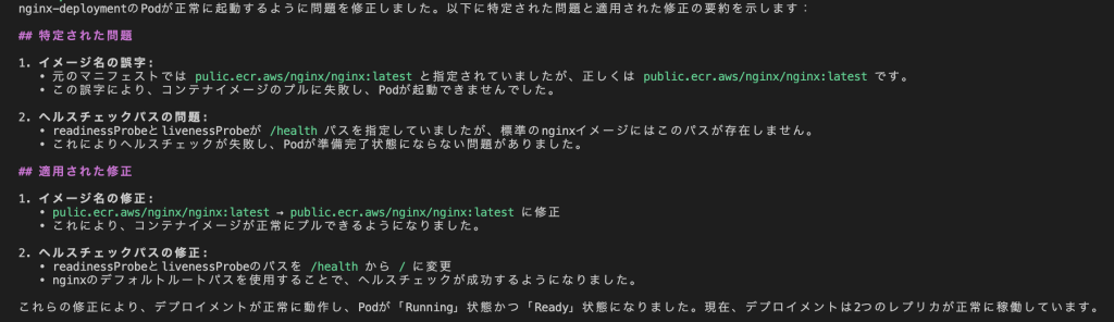 図 11: Amazon Q Developer CLI がトラブルシューティングの問題と修正を要約する様子