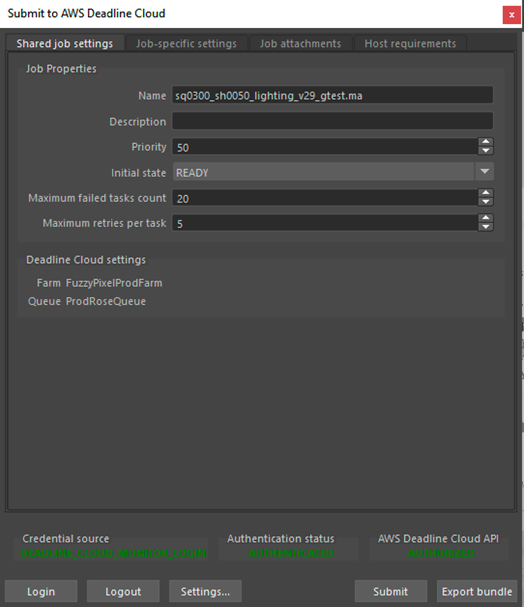 Figure 1: The Deadline Cloud integrated Maya 2024 Submitter.
