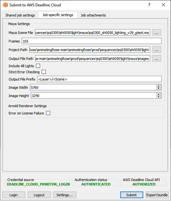 Figure 7: Deadline bundle gui-submit: Job-specific settings.
