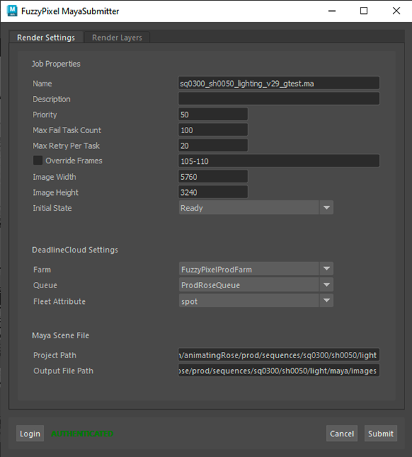FuzzyPixel MayaSubmitter Render Settings tab consolidating commonly used functionality.