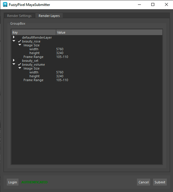 Figure 9: FuzzyPixel MayaSubmitter Render Layers tab.