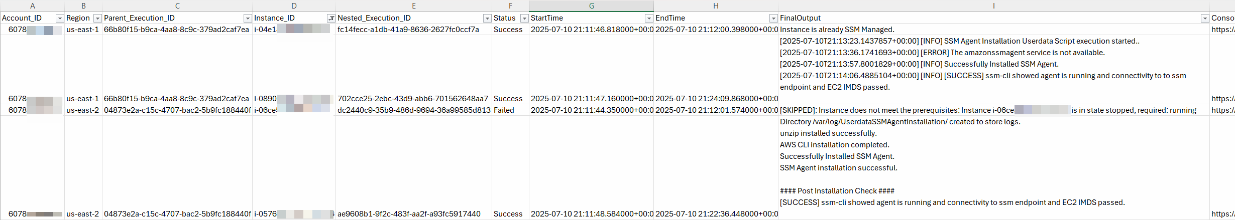 The image shows an example of the report csv file generated by Orchestrator Automation runbook.