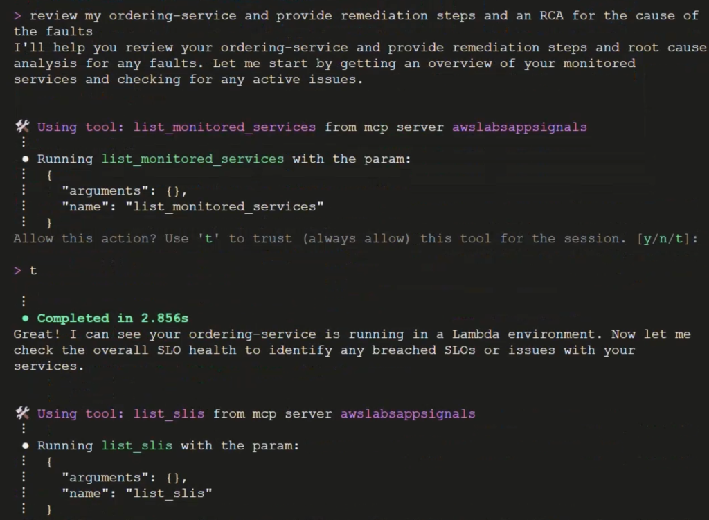 Figure 4. Ask Amazon Q CLI to identify the cause of the issue