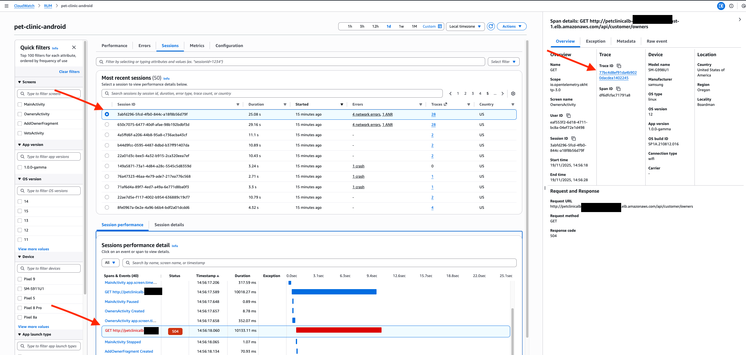 Figure 8: AWS CloudWatch RUM – Sessions tab – HTTP traceId