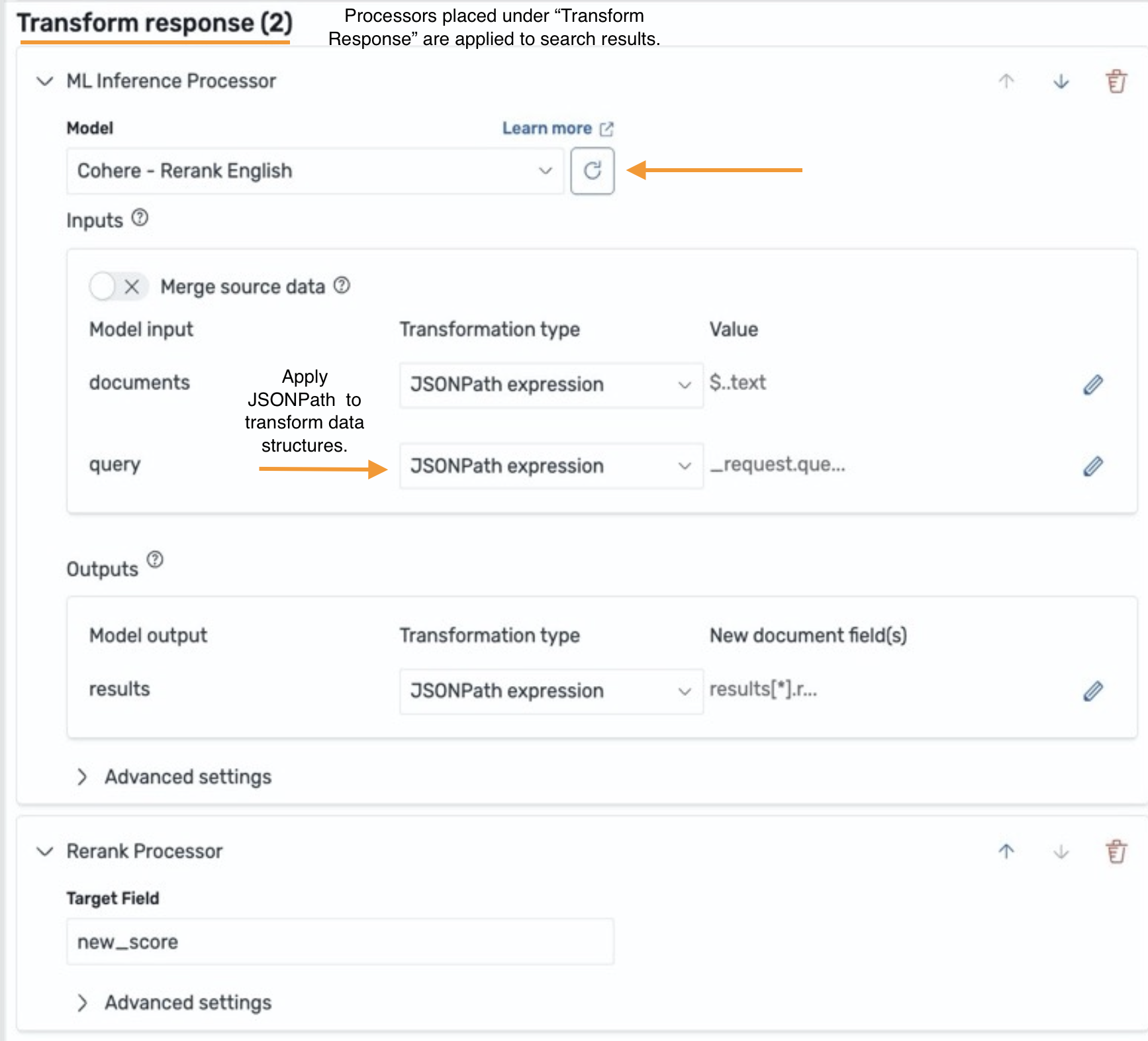 リランカーを使用した ML Inference Search Processor の設定と JSONPath 式の適用