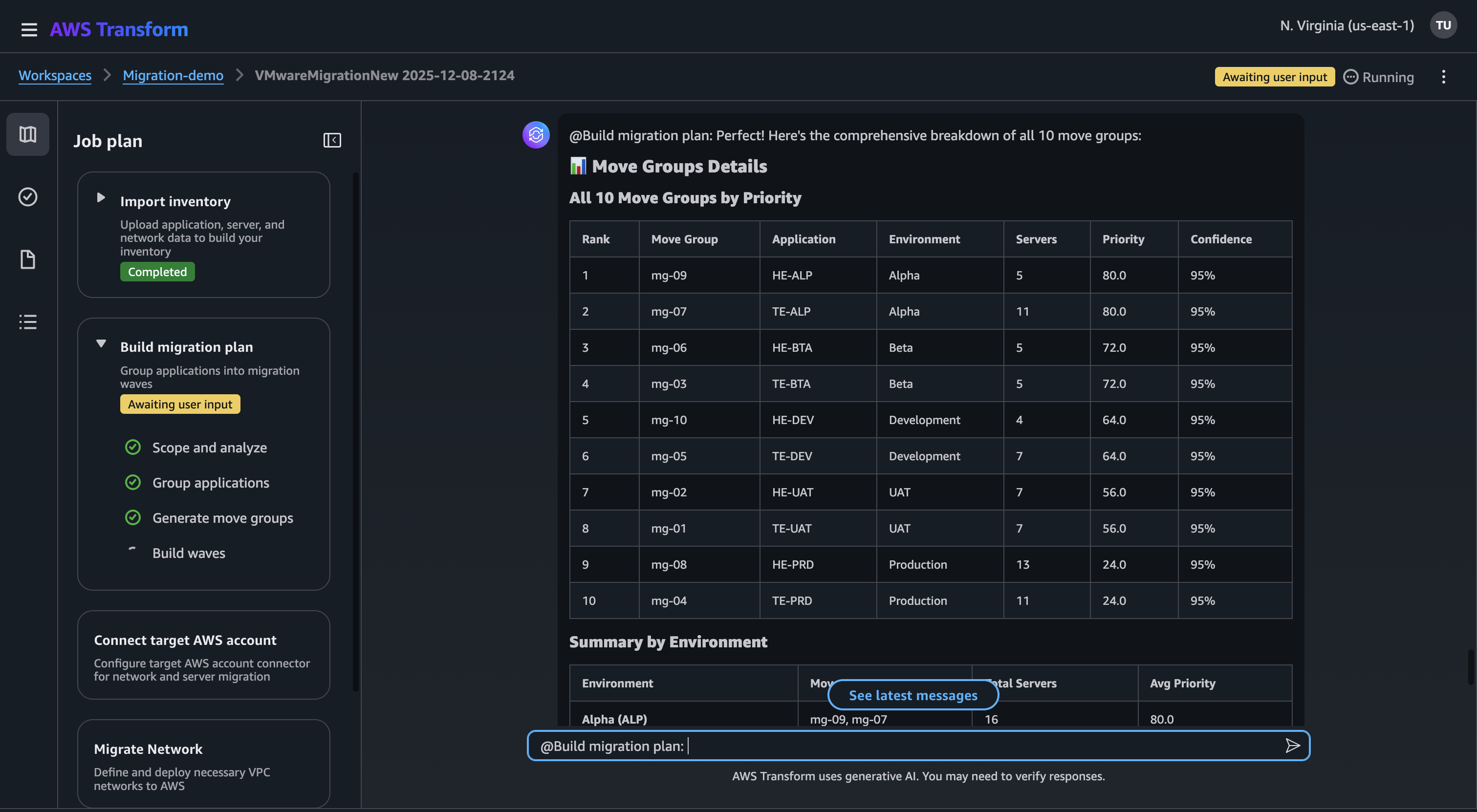 AWS Transform for VMware job on migration plan step showing move groups generated