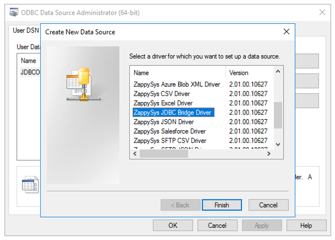Windows ODBC Data Source Administrator dialog showing ZappySys JDBC Bridge Driver selection